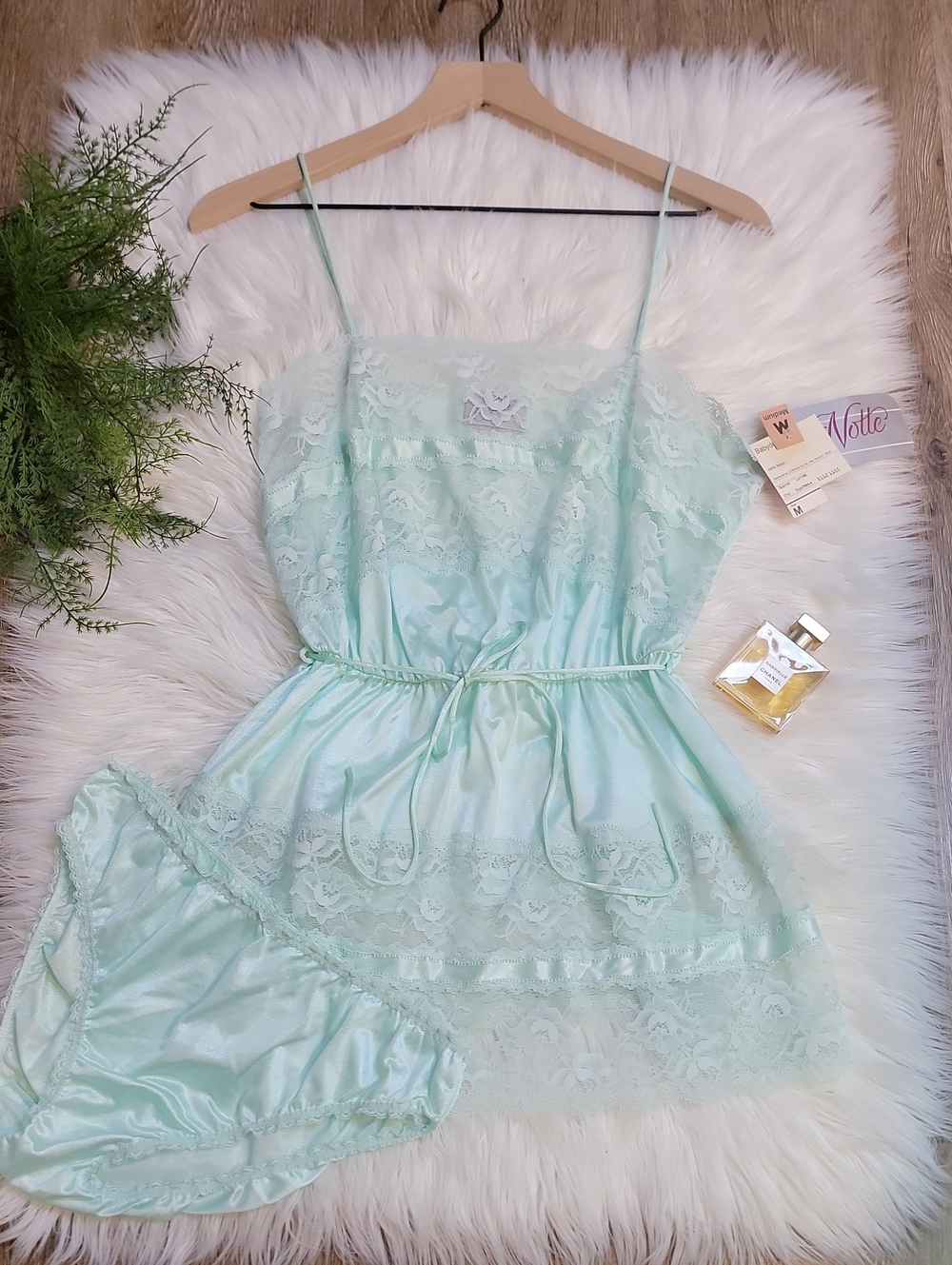 VTG |Lace-Trim Satin Chemise & Brief Set - Mint
